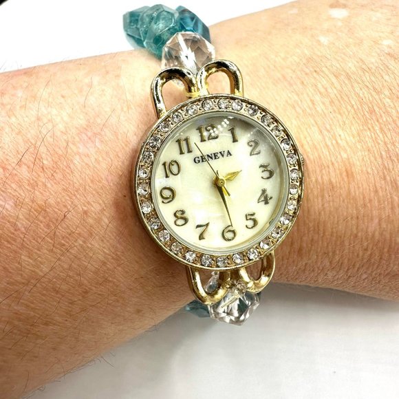 Blue Apatite Stretch Rhinestone Watch Bracelet Geneva - Picture 3 of 8